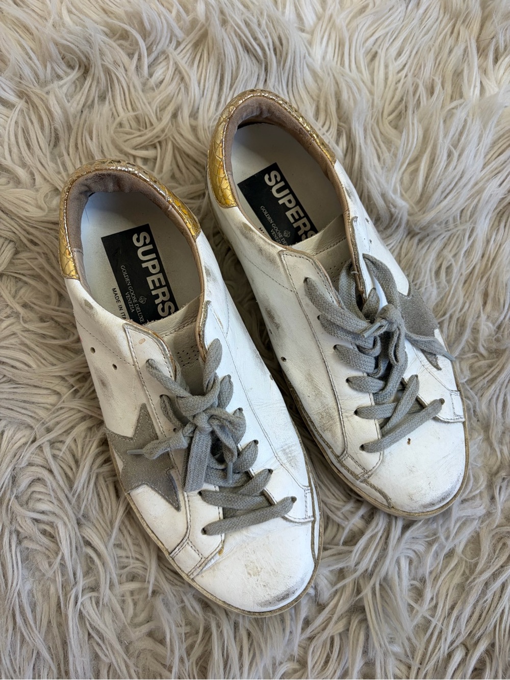 Golden Goose Distressed Leather Sneakers with Gold Heel Tabs, Size 37